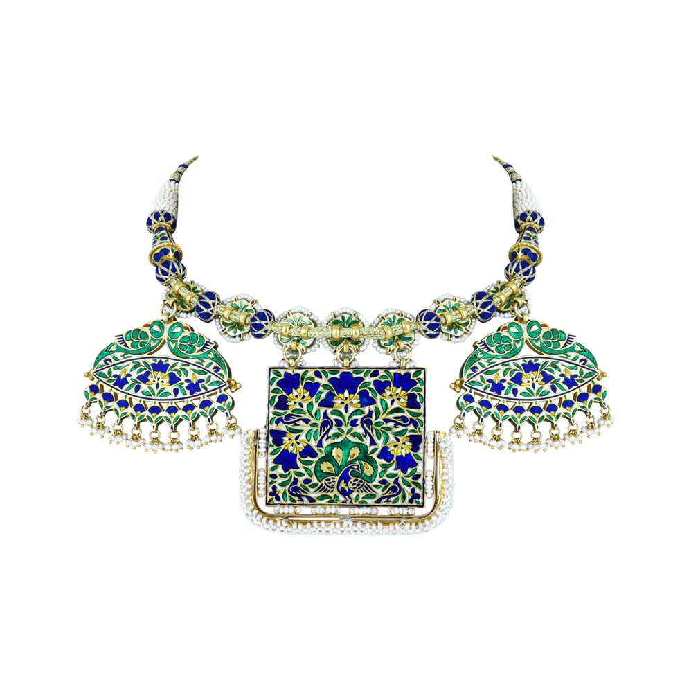 Blue Enamel Pankhi Polki Pendant Necklace